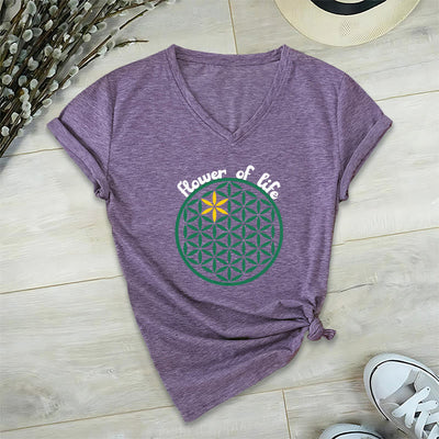 Olivenorma Flower of Life Boho Graphic Tees Lässiges T-Shirt mit V-Ausschnitt - Lila - 2XL - image 18