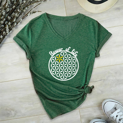 Olivenorma Flower of Life Boho Graphic Tees Lässiges T-Shirt mit V-Ausschnitt - Grün - 2XL - image 16