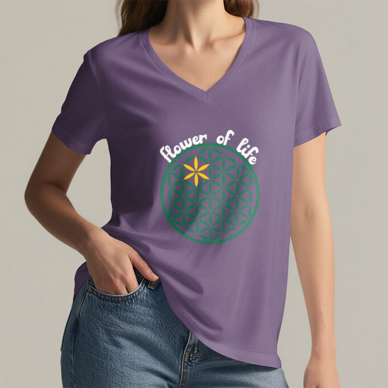Olivenorma Flower of Life Boho Graphic Tees Lässiges T-Shirt mit V-Ausschnitt - image 19