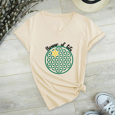 Olivenorma Flower of Life Boho Graphic Tees Lässiges T-Shirt mit V-Ausschnitt - Beige - 2XL - image 1