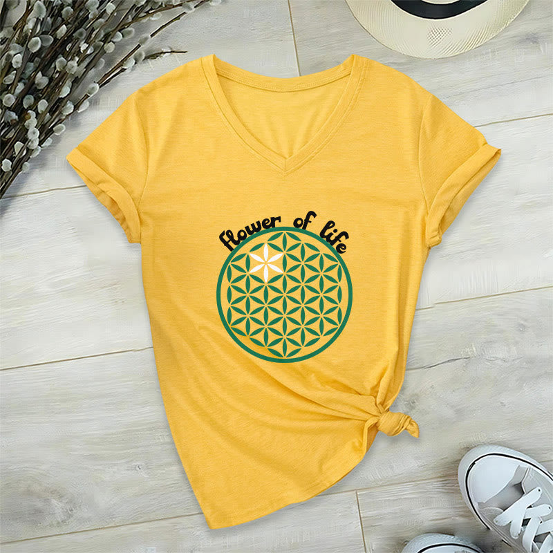 Olivenorma Flower of Life Boho Graphic Tees Lässiges T-Shirt mit V-Ausschnitt - Gelb - 2XL - image 12