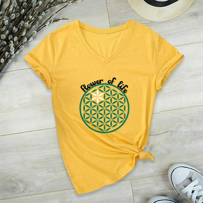 Olivenorma Flower of Life Boho Graphic Tees Lässiges T-Shirt mit V-Ausschnitt - Gelb - 2XL - image 12
