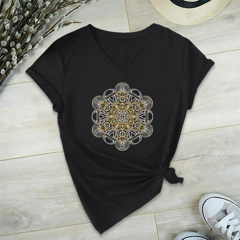 Olivenorma Soft Graphic Tee Metatrons Würfel V-Ausschnitt Spirituelle T-Shirts - Schwarz - 2XL - image 1