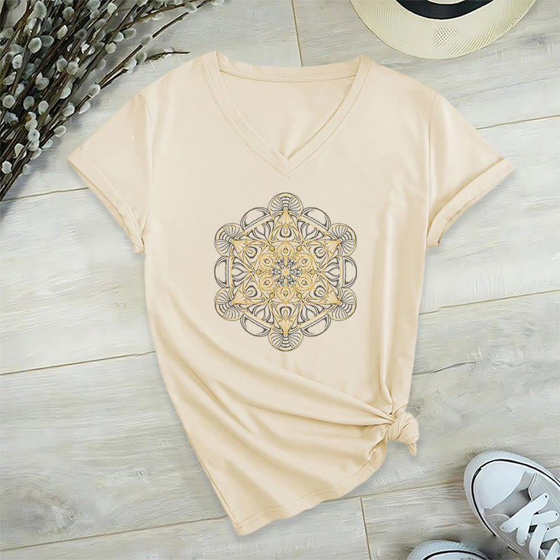 Olivenorma Soft Graphic Tee Metatrons Würfel V-Ausschnitt Spirituelle T-Shirts - Beige - 2XL - image 12