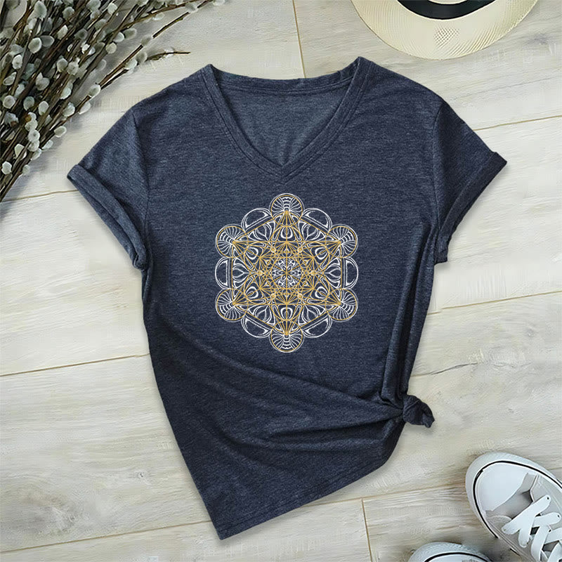 Olivenorma Soft Graphic Tee Metatrons Würfel V-Ausschnitt Spirituelle T-Shirts - Marine - 2XL - image 16