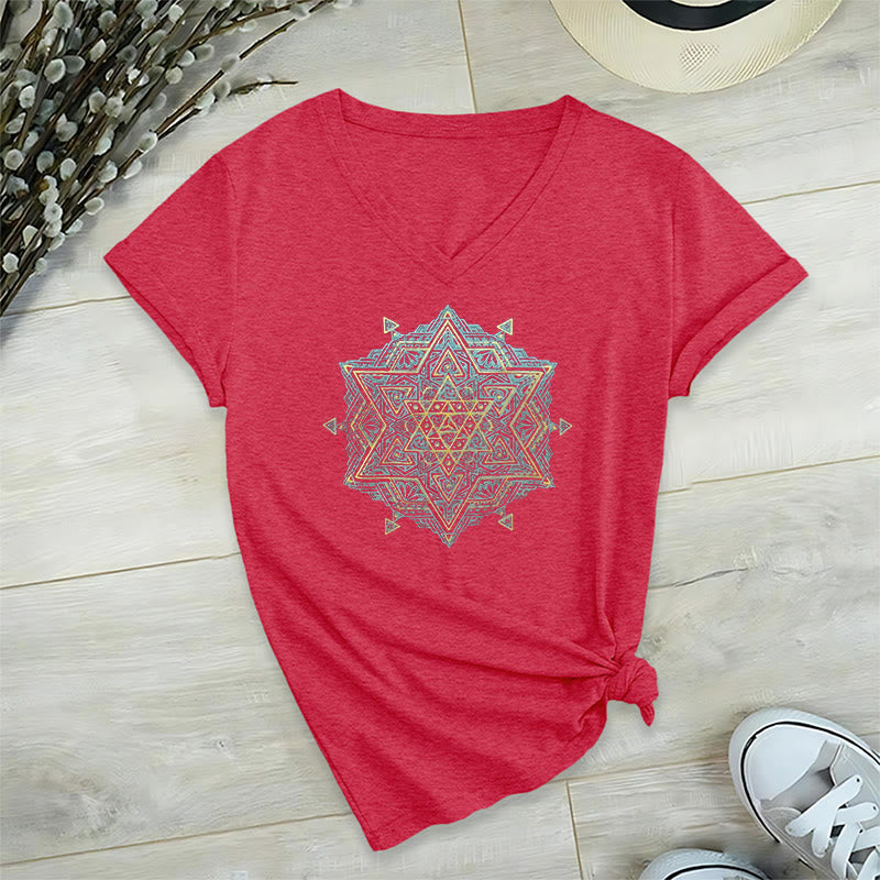 Olivenorma Metatros Würfelsymbol Heilige Geometrie Heilung Tee V-Ausschnitt Spirituelles T-Shirt - Rot - 2XL - image 31