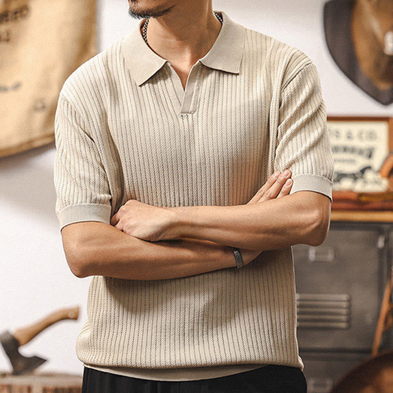 Olivenorma Herren-Poloshirt aus strukturiertem Strick, reguläre Passform, kurzärmelig, Baumwoll-Poloshirts - image 5