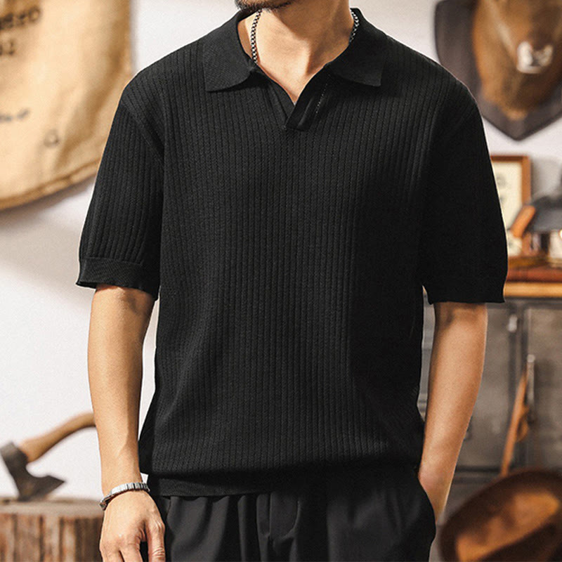 Olivenorma Herren-Poloshirt aus strukturiertem Strick, reguläre Passform, kurzärmelig, Baumwoll-Poloshirts - Schwarz - 4XL - image 13