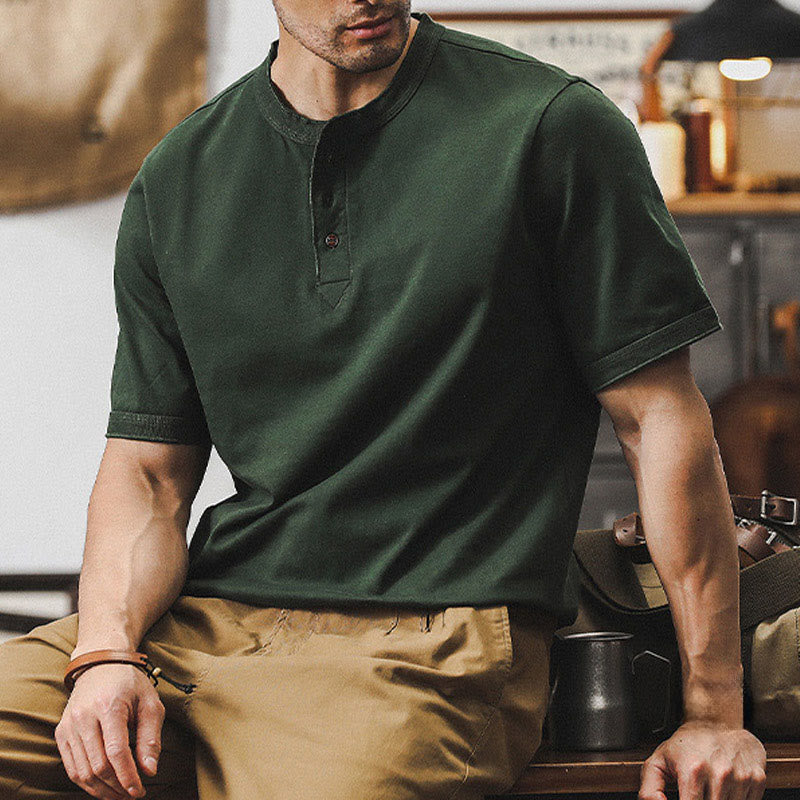 Olivenorma Vintage Herren Rundhalsausschnitt Loose Fit Schwere Baumwolle Sommer Herbst Hemden - Dunkelgrün - 4XL - image 1