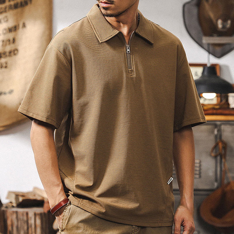 Olivenorma Herren-Poloshirt mit kurzen Ärmeln, Baumwollmischung, Reißverschluss, lockere Passform - image 2