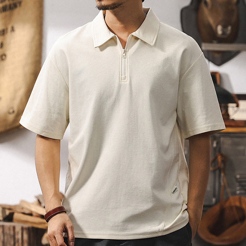 Olivenorma Herren-Poloshirt mit kurzen Ärmeln, Baumwollmischung, Reißverschluss, lockere Passform - image 6