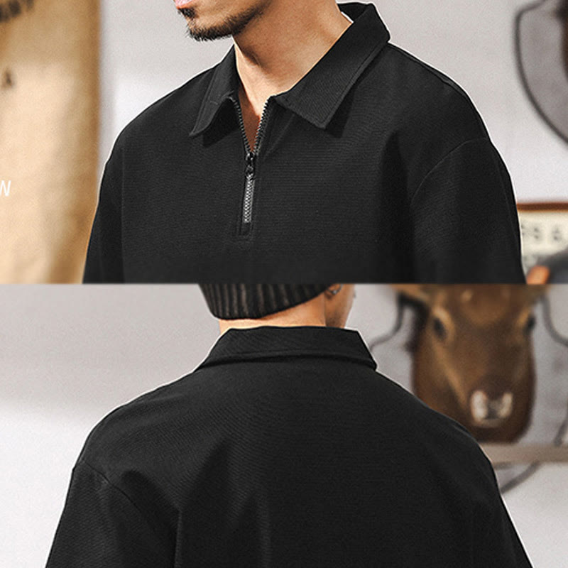 Olivenorma Herren-Poloshirt mit kurzen Ärmeln, Baumwollmischung, Reißverschluss, lockere Passform - image 17