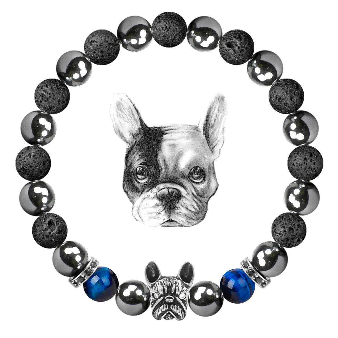 Olivenorma Französische Bulldogge​​ Gedenk-Edelsteinarmband - Lavastein + Hämatit + Blaues Tigerauge - image 1