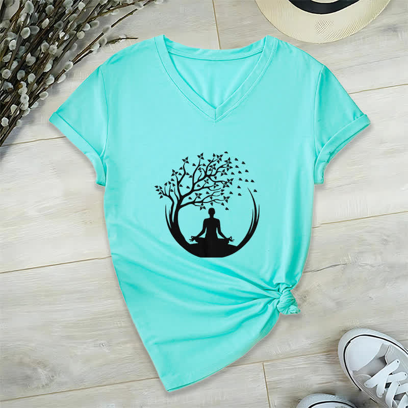 Olivenorma Yoga Meditation Pilates Namaste T-Shirt mit V-Ausschnitt - Seeblau - 2XL - image 24