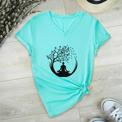 Olivenorma Yoga Meditation Pilates Namaste T-Shirt mit V-Ausschnitt - Seeblau - 2XL - image 24