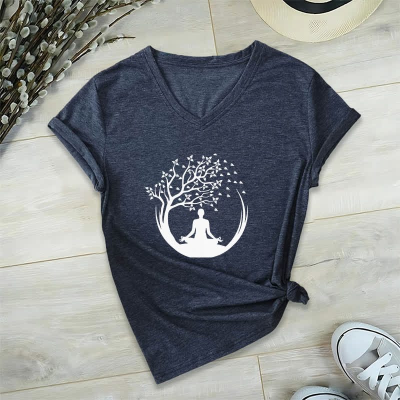 Olivenorma Yoga Meditation Pilates Namaste T-Shirt mit V-Ausschnitt - Marineblau - 2XL - image 4