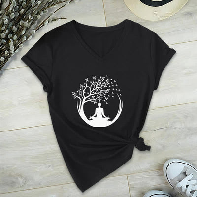 Olivenorma Yoga Meditation Pilates Namaste T-Shirt mit V-Ausschnitt - Schwarz - 2XL - image 12