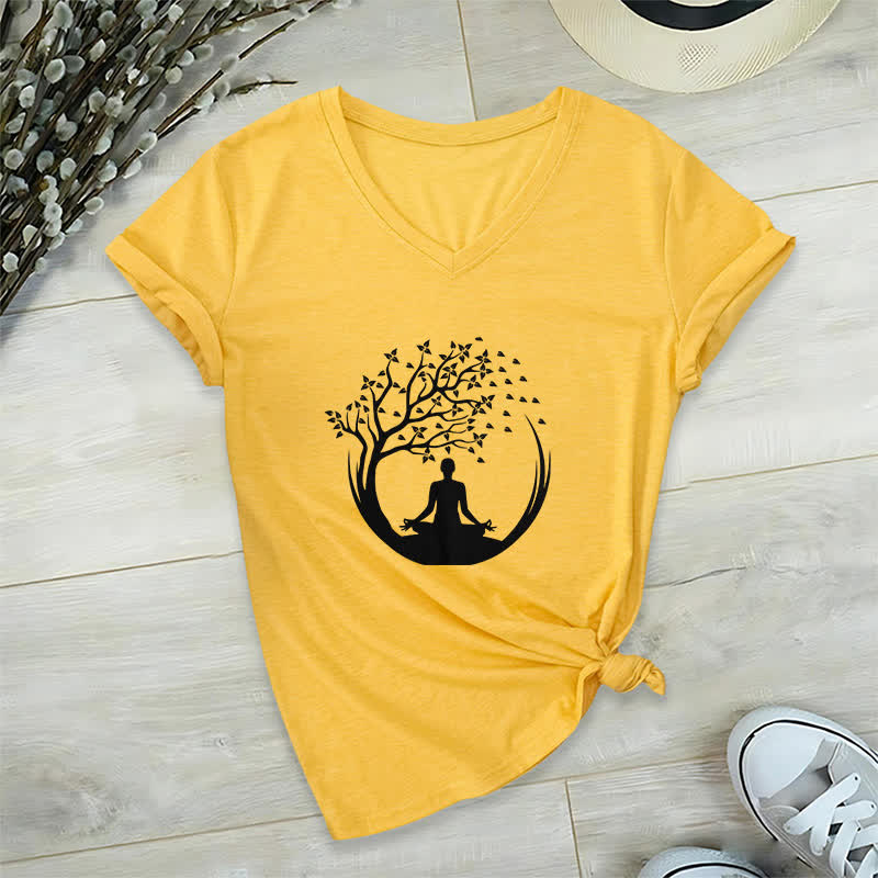 Olivenorma Yoga Meditation Pilates Namaste T-Shirt mit V-Ausschnitt - Gelb - 2XL - image 16
