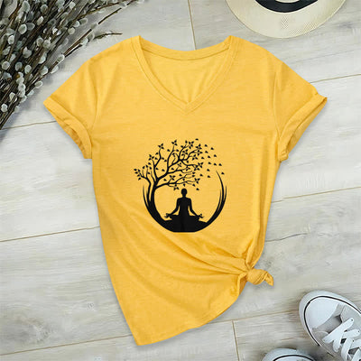 Olivenorma Yoga Meditation Pilates Namaste T-Shirt mit V-Ausschnitt - Gelb - 2XL - image 16