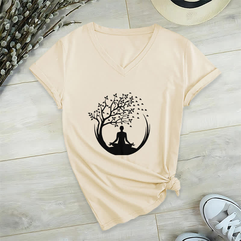 Olivenorma Yoga Meditation Pilates Namaste T-Shirt mit V-Ausschnitt - Khaki - 2XL - image 22