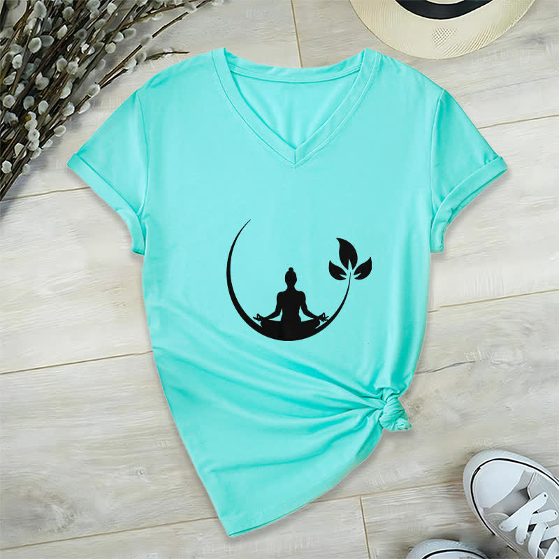 Olivenorma Yoga Lotus Buddha Meditation T-Shirt mit V-Ausschnitt - Seeblau - 2XL - image 25