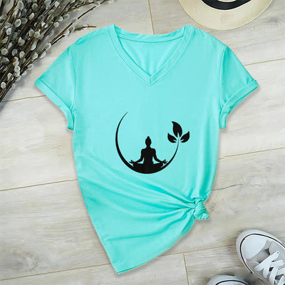 Olivenorma Yoga Lotus Buddha Meditation T-Shirt mit V-Ausschnitt - Seeblau - 2XL - image 25