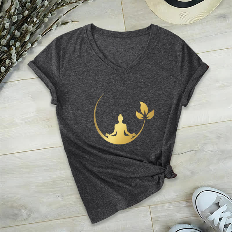 Olivenorma Yoga Lotus Buddha Meditation T-Shirt mit V-Ausschnitt - Grau - 2XL - image 13