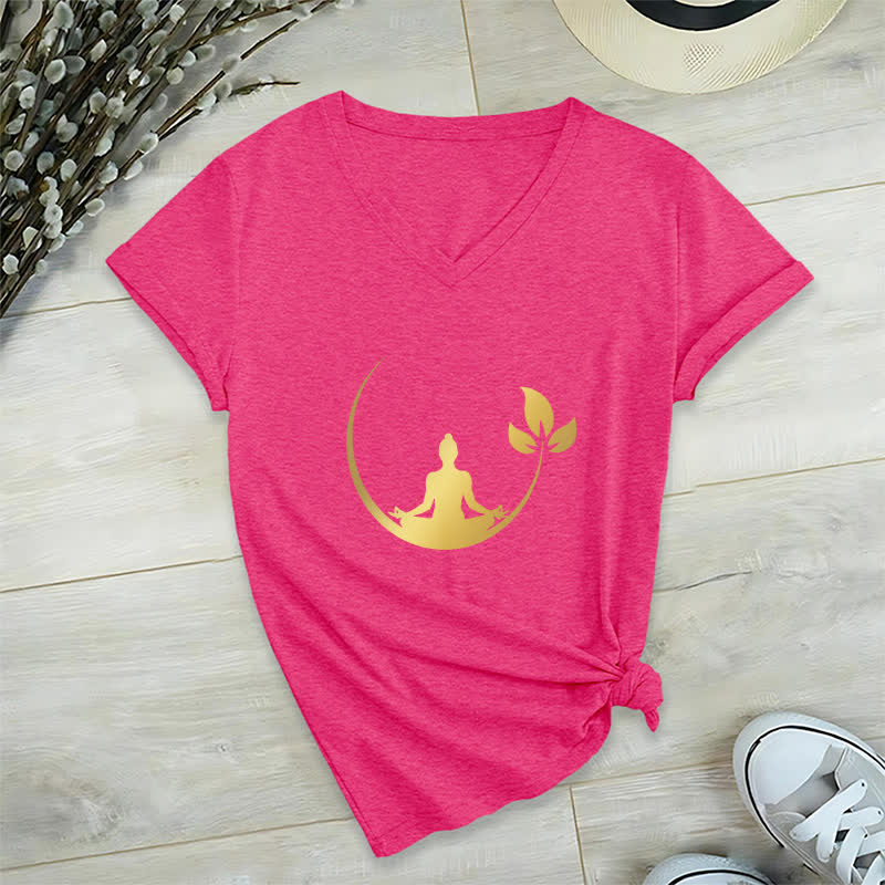 Olivenorma Yoga Lotus Buddha Meditation T-Shirt mit V-Ausschnitt - Rosenrot - 2XL - image 21
