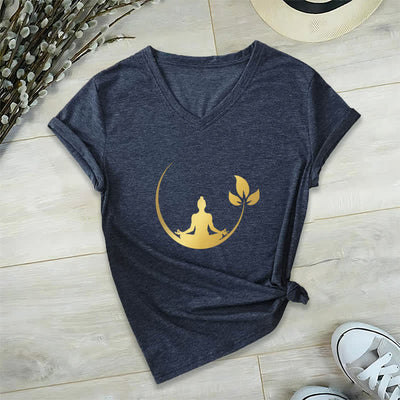 Olivenorma Yoga Lotus Buddha Meditation T-Shirt mit V-Ausschnitt - Marineblau - 2XL - image 7