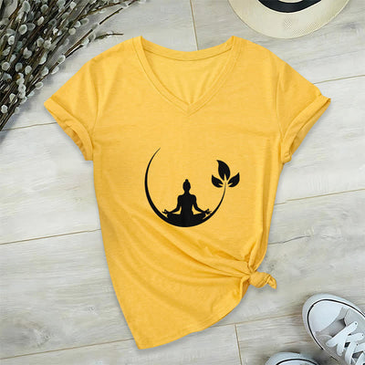 Olivenorma Yoga Lotus Buddha Meditation T-Shirt mit V-Ausschnitt - Gelb - 2XL - image 1
