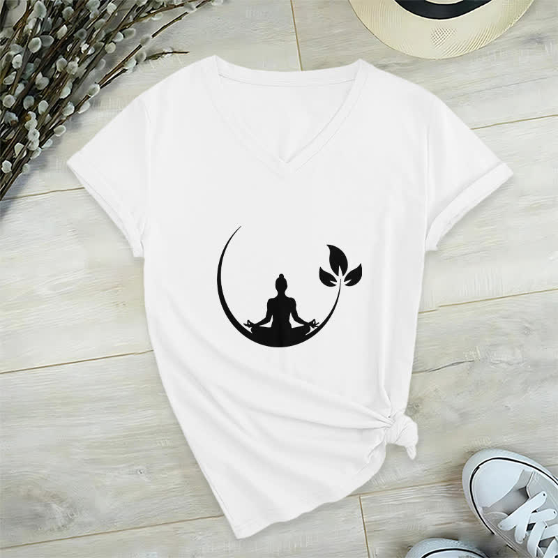 Olivenorma Yoga Lotus Buddha Meditation T-Shirt mit V-Ausschnitt - Weiß - 2XL - image 4