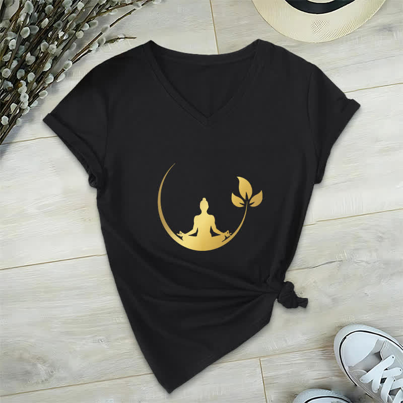 Olivenorma Yoga Lotus Buddha Meditation T-Shirt mit V-Ausschnitt - Schwarz - 2XL - image 15