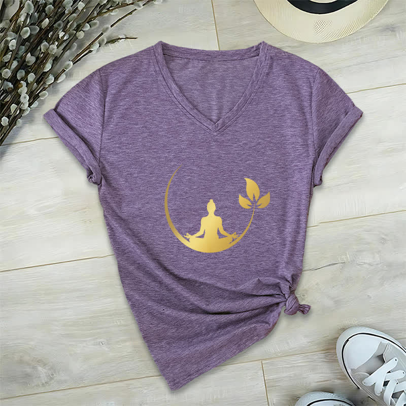 Olivenorma Yoga Lotus Buddha Meditation T-Shirt mit V-Ausschnitt - Lila - 2XL - image 27