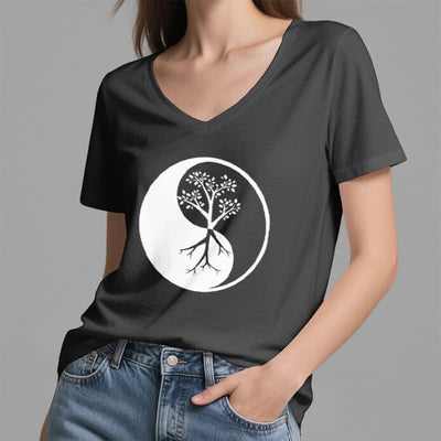 Olivenorma Yin Yang Baum Yoga Meditation T-Shirt mit V-Ausschnitt - image 2