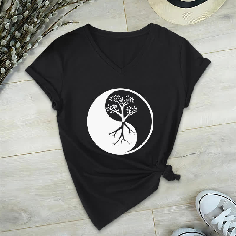 Olivenorma Yin Yang Baum Yoga Meditation T-Shirt mit V-Ausschnitt - Schwarz - 2XL - image 12