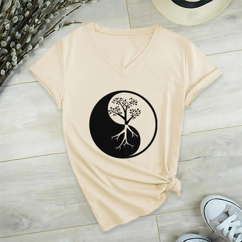 Olivenorma Yin Yang Baum Yoga Meditation T-Shirt mit V-Ausschnitt - Khaki - 2XL - image 22