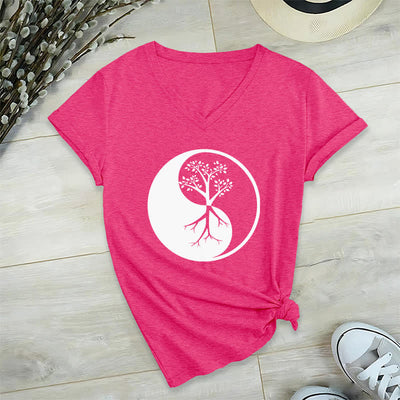 Olivenorma Yin Yang Baum Yoga Meditation T-Shirt mit V-Ausschnitt - Rosenrot - 2XL - image 20