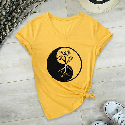 Olivenorma Yin Yang Baum Yoga Meditation T-Shirt mit V-Ausschnitt - Gelb - 2XL - image 16