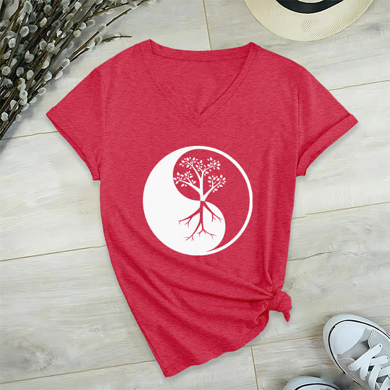 Olivenorma Yin Yang Baum Yoga Meditation T-Shirt mit V-Ausschnitt - Rot - 2XL - image 14