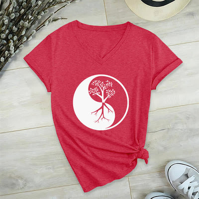 Olivenorma Yin Yang Baum Yoga Meditation T-Shirt mit V-Ausschnitt - Rot - 2XL - image 14