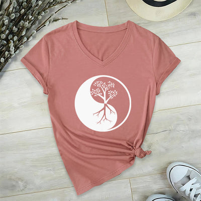 Olivenorma Yin Yang Baum Yoga Meditation T-Shirt mit V-Ausschnitt - Rosa - 2XL - image 18