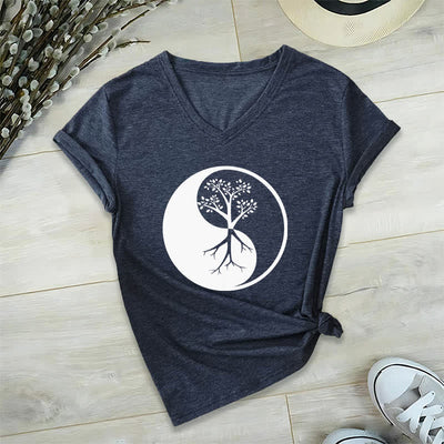 Olivenorma Yin Yang Baum Yoga Meditation T-Shirt mit V-Ausschnitt - Marineblau - 2XL - image 6