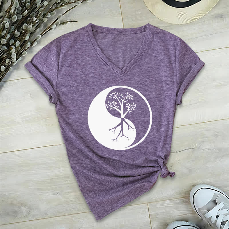 Olivenorma Yin Yang Baum Yoga Meditation T-Shirt mit V-Ausschnitt - Lila - 2XL - image 26