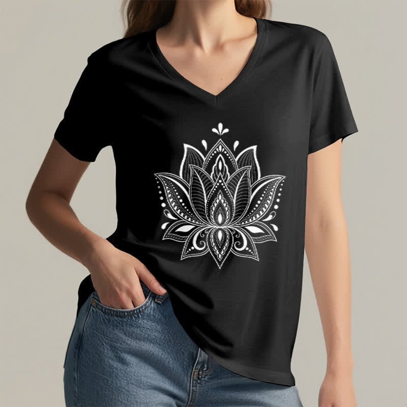Olivenorma Mandala Lotusblume T-Shirt mit V-Ausschnitt - image 15