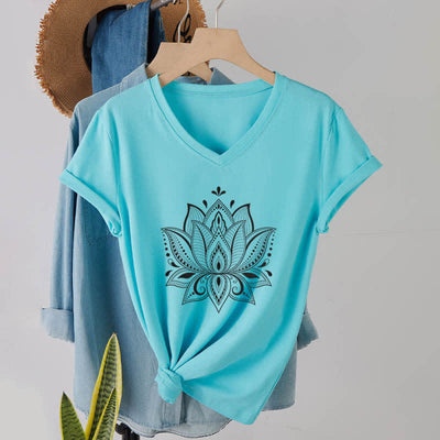 Olivenorma Mandala Lotusblume T-Shirt mit V-Ausschnitt - Seeblau - 2XL - image 24