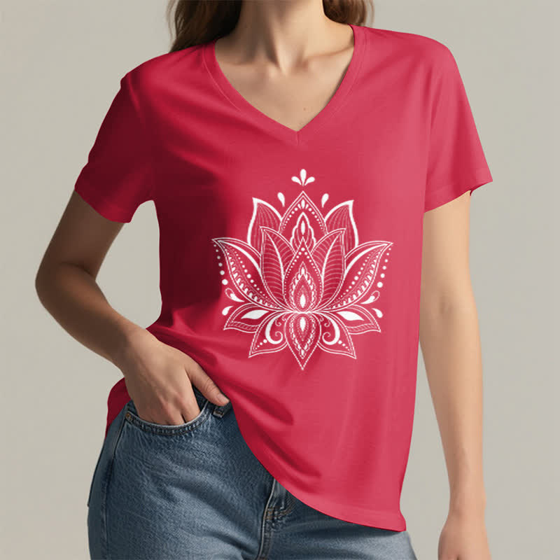 Olivenorma Mandala Lotusblume T-Shirt mit V-Ausschnitt - image 17