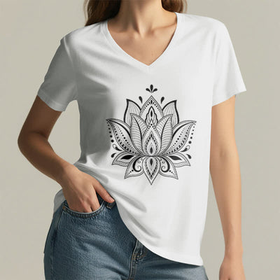 Olivenorma Mandala Lotusblume T-Shirt mit V-Ausschnitt - image 5
