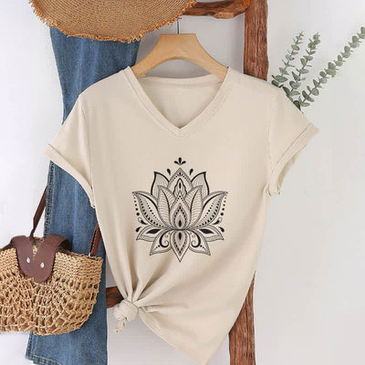 Olivenorma Mandala Lotusblume T-Shirt mit V-Ausschnitt - Khaki - 2XL - image 1