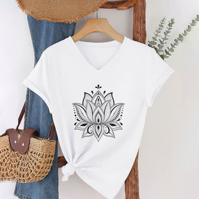 Olivenorma Mandala Lotusblume T-Shirt mit V-Ausschnitt - Weiß - 2XL - image 4