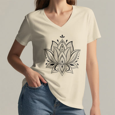 Olivenorma Mandala Lotusblume T-Shirt mit V-Ausschnitt - image 2